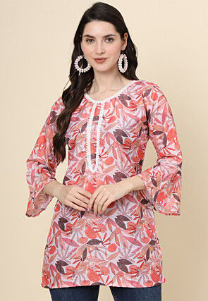 Digital Printed Cotton Kurti in Peach
