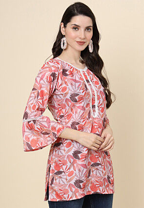 Digital Printed Cotton Kurti in Peach