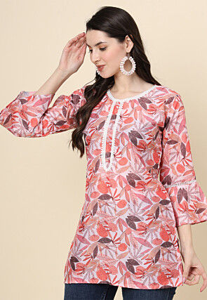 Digital Printed Cotton Kurti in Peach