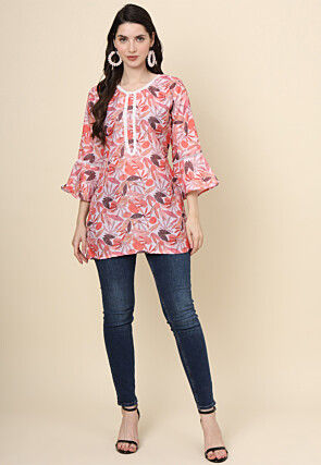 Digital Printed Cotton Kurti in Peach