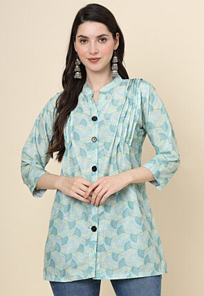 Digital Printed Cotton Kurti in Sea Green