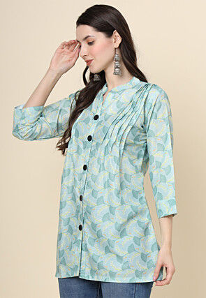 Digital Printed Cotton Kurti in Sea Green