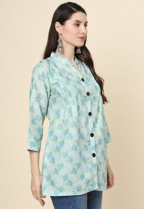 Digital Printed Cotton Kurti in Sea Green