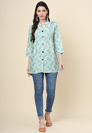 Digital Printed Cotton Kurti in Sea Green