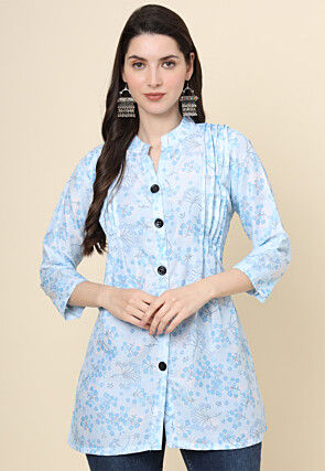 Digital Printed Cotton Kurti in Sky Blue