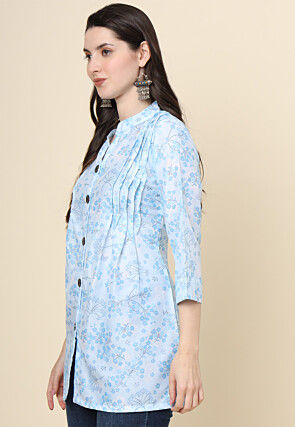 Digital Printed Cotton Kurti in Sky Blue