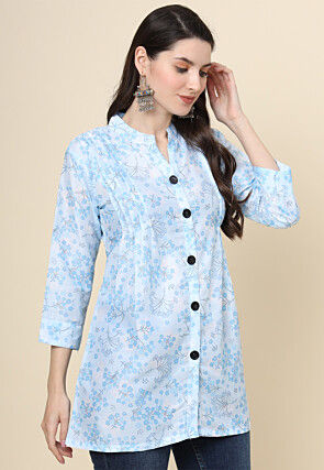 Digital Printed Cotton Kurti in Sky Blue
