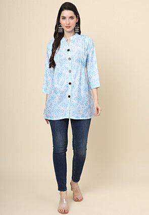 Digital Printed Cotton Kurti in Sky Blue