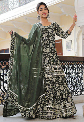 Digital Printed Cotton Lehenga in Dark Olive Green