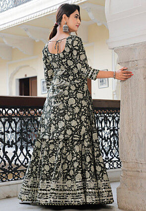 Digital Printed Cotton Lehenga in Dark Olive Green