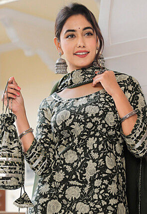 Digital Printed Cotton Lehenga in Dark Olive Green