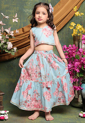 Digital Printed Cotton Lehenga in Light Blue