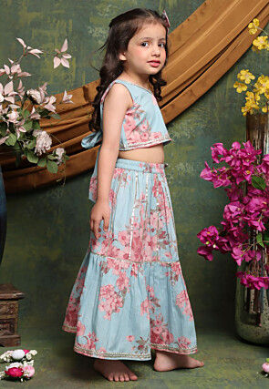 Digital Printed Cotton Lehenga in Light Blue