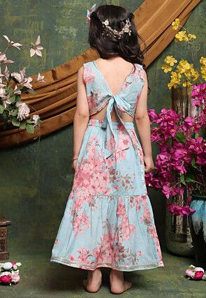 Digital Printed Cotton Lehenga in Light Blue