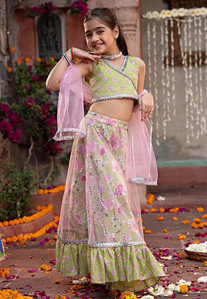 Digital Printed Cotton Lehenga in Light Green
