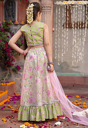 Digital Printed Cotton Lehenga in Light Green