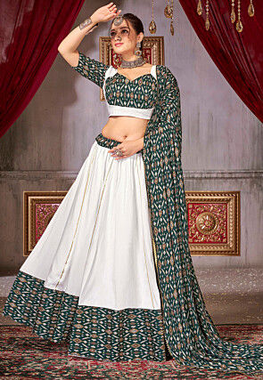 Digital Printed Cotton Lehenga in Off White and Green