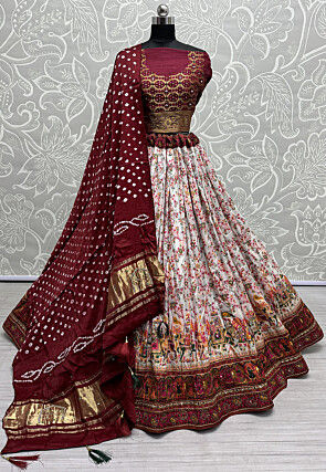Digital Printed Cotton Lehenga in Off White