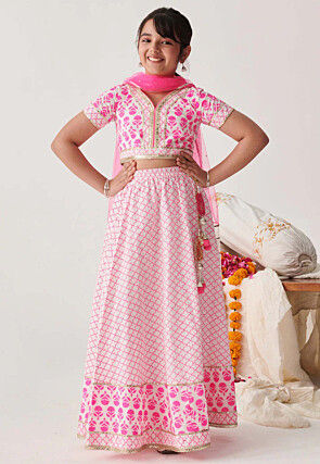 Digital Printed Cotton Lehenga in Off White