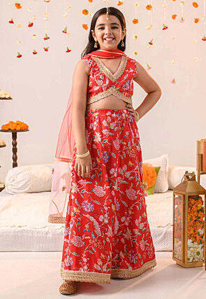 Digital Printed Cotton Lehenga in Red