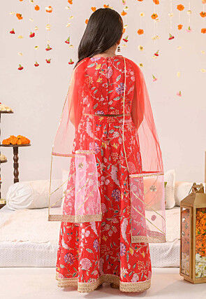 Digital Printed Cotton Lehenga in Red