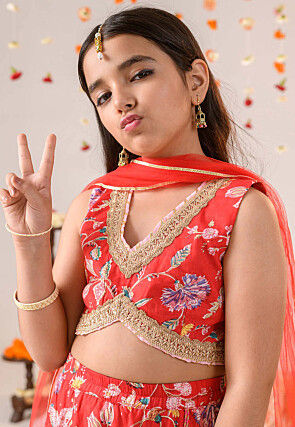 Digital Printed Cotton Lehenga in Red