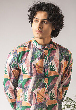 Digital Printed Cotton Linen Kurta Set in Multicolor