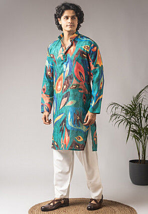 Digital Printed Cotton Linen Kurta Set in Teal Blue