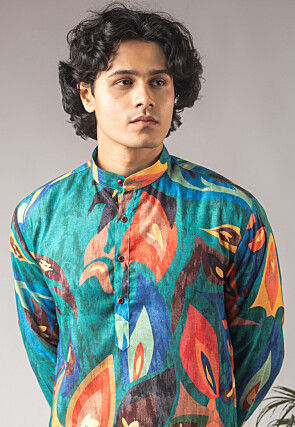 Digital Printed Cotton Linen Kurta Set in Teal Blue
