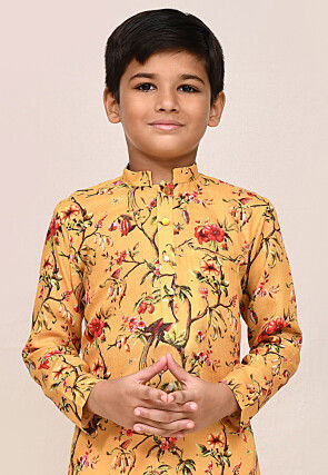 Digital Printed Cotton Linen Kurta Set in Yellow