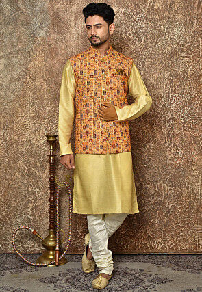 Digital Printed Cotton Linen Nehru Jacket in Mustard