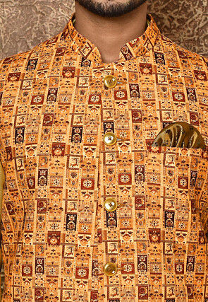 Digital Printed Cotton Linen Nehru Jacket in Mustard