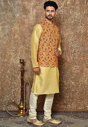 Digital Printed Cotton Linen Nehru Jacket in Mustard