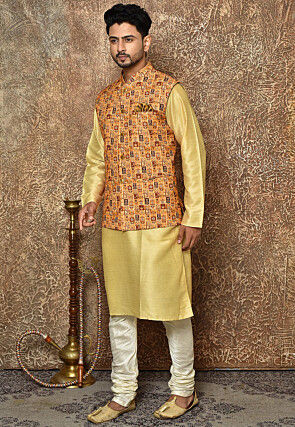Digital Printed Cotton Linen Nehru Jacket in Mustard