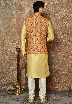Digital Printed Cotton Linen Nehru Jacket in Mustard