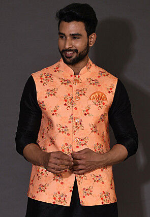 Digital Printed Cotton Linen Nehru Jacket in Peach