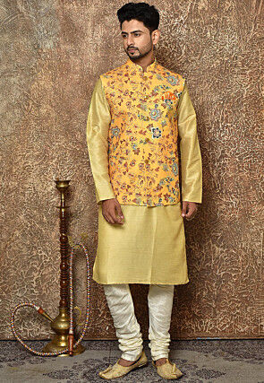 Digital Printed Cotton Linen Nehru Jacket in Yellow