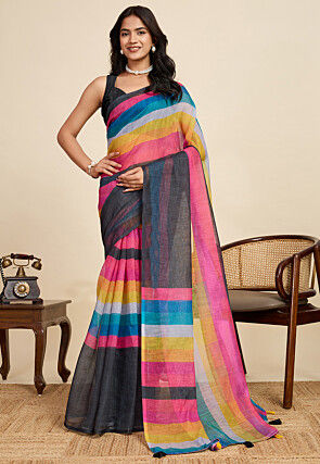 Digital Printed Cotton Linen Saree in Black and Multicolor