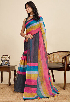 Digital Printed Cotton Linen Saree in Black and Multicolor