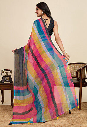 Digital Printed Cotton Linen Saree in Black and Multicolor