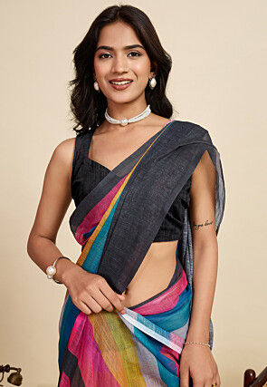 Digital Printed Cotton Linen Saree in Black and Multicolor