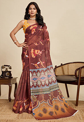 Digital Printed Cotton Linen Saree in Brown