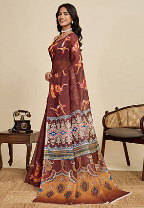 Digital Printed Cotton Linen Saree in Brown
