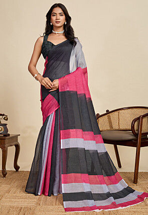Digital Printed Cotton Linen Saree in Multicolor