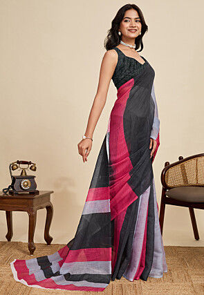 Digital Printed Cotton Linen Saree in Multicolor