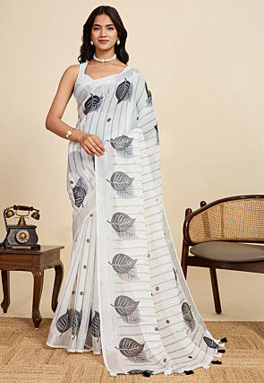 Digital Printed Cotton Linen Saree in Off White