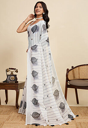 Digital Printed Cotton Linen Saree in Off White