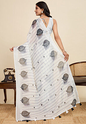 Digital Printed Cotton Linen Saree in Off White