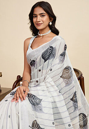 Digital Printed Cotton Linen Saree in Off White