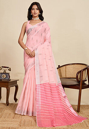 Digital Printed Cotton Linen Saree in Pink